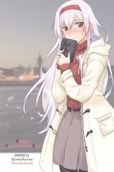  1girl blush brown_eyes coat commentary_request grey_skirt hairband happy_valentine kantai_collection long_hair nose_blush orikoshi_shino pantyhose photo_background red_hairband red_sweater ribbed_sweater shoukaku_(kancolle) shoukaku_(valentine)_(kancolle) skirt smile solo sweater white_coat white_hair 