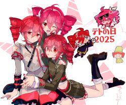  6+girls ahoge artist_name black_boots black_jacket black_skirt boots chibi chibi_inset closed_mouth collared_shirt commentary drill_hair eyewear_on_head grey_skirt hair_ornament hairband hand_on_another's_shoulder highres jacket kasane_teto kasane_teto_(sv) kasane_teto_(tropipop) kasane_teto_(utau) kasane_teto_(voicepeak) kneeling long_sleeves looking_at_viewer midriff multiple_girls multiple_persona one_eye_closed open_mouth own_hands_together pink_hair poke_ball red_nails rival_teto_(project_voltage) shirt short_hair sidelocks skirt smile sunglasses synthesizer_v torino_sasami twin_drills untranslatable_commentary utau voicepeak x_hair_ornament 