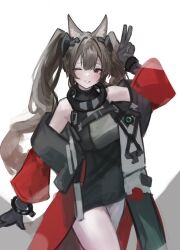  1girl absurdres angelina_(arknights) animal_ear_fluff animal_ears arknights arknights:_endfield bare_shoulders belt black_gloves bracelet brown_hair coat commentary dot_nose dress elbow_gloves fox_ears fox_girl gilberta_(arknights) gloves grey_dress grin hair_intakes hand_up headpiece high_belt high_collar highres impossible_clothes impossible_dress jewelry light_blush long_hair long_sleeves looking_at_viewer off_shoulder one_eye_closed open_clothes open_coat red_coat short_dress sidelocks simple_background sleeveless sleeveless_dress smile solo st_slime twintails v white_background wide_sleeves 