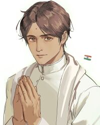  1boy axis_powers_hetalia bindi brown_eyes brown_hair commentary_request dark-skinned_male dark_skin highres india_(hetalia) looking_at_viewer male_focus own_hands_together shirt short_hair simple_background smile solo upper_body white_background zhongerweiyuan 