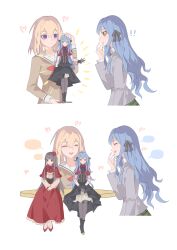  2girls absurdres ampheta bang_dream! bang_dream!_it's_mygo!!!!! black_ribbon blonde_hair blue_hair brown_dress chinese_commentary closed_eyes closed_mouth commentary_request doloris_(bang_dream!) dress grey_jacket hair_between_eyes hair_ribbon hanasakigawa_school_uniform hand_up haneoka_school_uniform heart highres jacket long_hair long_sleeves medium_hair misumi_uika multiple_girls open_mouth ribbon sailor_collar sailor_dress school_uniform sidelocks simple_background togawa_sakiko togawa_sakiko's_doll violet_eyes white_background white_sailor_collar 