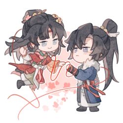  1boy 1girl artist_request black_boots black_hair blue_eyes blue_robe boots cheng_heguang chibi chinese_clothes chinese_commentary commentary_request commission eye_contact face-to-face floating full_body hair_bun hanfu highres long_hair looking_at_another pants paper_heron ponytail red_hanfu reverse:1999 robe second-party_source standing string string_of_fate white_background white_pants 