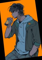  1boy alternate_costume animification bad_id bad_twitter_id black_border black_eyes black_hair black_jacket border casual cole_(ninjago) commentary_request cup dark-skinned_male dark_skin disposable_cup drawstring drinking_straw hand_in_pocket highres holding holding_cup hood hood_down hooded_shirt jacket korean_commentary long_sleeves male_focus nanunbab0da ninjago open_clothes open_jacket orange_background short_hair simple_background solo 