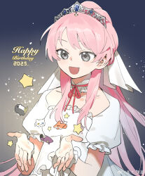  1girl absurdres animalization bang_dream! bang_dream!_it's_mygo!!!!! bird blush cat chihaya_anon dress fang fox grey_eyes half_updo happy_birthday highres kaname_raana long_hair mygo!!!!!_(bang_dream!) nagasaki_soyo neck_ribbon open_mouth penguin pink_hair raana_the_cat rakuichi red_ribbon ribbon shiina_taki short_sleeves star_(symbol) takamatsu_tomori tiara watermark weibo_watermark white_dress 