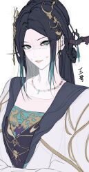  1girl bead_necklace beads black_hair blank_eyes branch character_name chinese_clothes coat collarbone commentary_request facial_mark forehead gradient_hair green_eyes hair_ornament hairpin heziqun highres huadian jagan_(maximum_jagan) jewelry looking_at_viewer multicolored_hair necklace parted_bangs parted_lips path_to_nowhere see-through_clothes see-through_veil simple_background smile solo upper_body veil white_background white_coat yugu_(path_to_nowhere) 