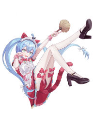  1girl absurdres ahoge animal_ear_fluff animal_ears apron aqua_eyes aqua_hair arm_up black_boots blush boots bow cat_ears cat_girl cat_tail commentary_request dress duster fingernails frilled_apron frills hair_between_eyes hatsune_miku highres holding holding_duster long_hair maid maid_apron maid_headdress nail_polish open_mouth pantyhose pink_wrist_cuffs project_sekai puffy_short_sleeves puffy_sleeves red_bow red_dress red_nails short_sleeves simple_background smile solo sparkling_eyes strappy_heels tail twintails very_long_hair vocaloid vs0mr white_apron white_background white_pantyhose wonderlands_x_showtime_miku wrist_cuffs 