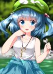  1girl bangs bare_shoulders blue_eyes blue_hair blue_jacket blurry blurry_background blush breasts collarbone eyes_visible_through_hair grass green_headwear hair_between_eyes hair_bobbles hair_ornament hand_on_own_face hands_up hat highres instrument jacket kawashiro_nitori key key_necklace leaf light long_sleeves looking_to_the_side medium_breasts one-hour_drawing_challenge open_mouth river ruu_(tksymkw) shadow shirt short_hair short_twintails sleeveless sleeveless_shirt smile solo standing sweat sweatdrop t-shirt touhou tree twintails water white_shirt wrench 