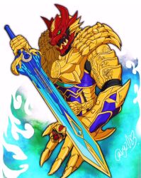  1boy armor artist_name black_bodysuit blue_armor bodysuit claws commentary_request crossover fire garo garo_(tokusatsu_series) gold_armor gozyuwolf helmet highres holding holding_sword holding_weapon male_focus no.1_sentai_gozyuger pauldrons red_helmet ryotegasword sentai_ring shoulder_armor solo super_sentai sword tegasword_gozyuwolf tokusatsu vgz083 weapon wolf_mask 