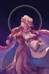  1girl bow breasts capelet closed_mouth commentary crescent crescent_hat_ornament dress english_commentary hair_bow hat hat_ornament highres lliyanp long_hair long_sleeves medium_breasts mob_cap multiple_hair_bows neck_ribbon patchouli_knowledge pink_capelet pink_dress purple_bow purple_hair red_bow red_ribbon ribbon smile solo touhou very_long_hair violet_eyes wide_sleeves 