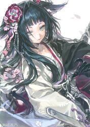  1girl absurdres arknights beads black_hair black_kimono black_sash blue_eyes blunt_bangs cherry_blossoms chest_sarashi chinese_commentary collarbone commentary_request flower hair_flower hair_ornament hair_wings highres japanese_clothes jiu_jiu_jiu_jiu kimono long_hair long_sidelocks long_sleeves mio_(arknights) obi obiage obijime petals pink_flower sarashi sash sidelocks single_extra_arm solo two-tone_kimono very_long_hair very_long_sidelocks weapon white_kimono wide_sleeves 
