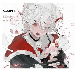  1boy animal_ears asymmetrical_bangs beret black_gloves commission ear_piercing earrings fang food gloves grey_eyes hair_ornament hairpin hat heterochromia highres ice_cream izumi_087 jacket jewelry looking_at_viewer male_focus mihuashi_commission open_mouth original parted_bangs piercing red_eyes sample_watermark short_hair sidelocks solo stuffed_animal stuffed_toy teddy_bear teeth tongue upper_body watermark white_hair white_hat 