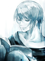  1boy book character_request closed_mouth collarbone commentary_request glasses greyscale hair_between_eyes highres holding holding_book knees_up male_focus monochrome open_book reading shirt shishi_(eai_make) short_hair signature smile solo tokyo_ghoul upper_body 