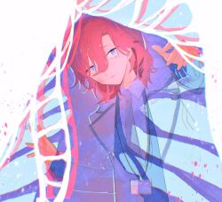  1boy blue_eyes blue_necktie blue_sweater collared_shirt commentary_request dress_shirt hands_up hyoutenka_30-do_no_zetsubou id_card iroiroiroc lanyard looking_at_viewer male_focus medium_hair mole mole_under_eye necktie object_request red_hair shirt solo sweater tonimura_yui upper_body white_shirt 