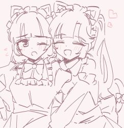  2girls :d ^_^ animal_ears anyoji_hime arm_hug bare_shoulders blunt_bangs blush bow bowtie cat_ears cat_girl cat_tail closed_eyes commentary detached_sleeves dress flying_sweatdrops frilled_sleeves frills greyscale heart highres link!_like!_love_live! long_sleeves love_live! maid maid_headdress mihasu_ll momose_ginko monochrome multiple_girls nyan_nyan_nyan_fair_in_gamers one_eye_closed open_mouth puffy_long_sleeves puffy_sleeves short_hair simple_background sleeveless sleeveless_dress smile spot_color tail tail_bow tail_ornament twintails untranslatable_commentary upper_body virtual_youtuber white_background 