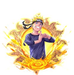 1boy blonde_hair blue_eyes facial_mark forehead_protector grey_shirt grin konohagakure_symbol looking_at_viewer naruto_(series) naruto_shippuuden:_ultimate_ninja_blazing official_art shirt short_hair smile solo upper_body uzumaki_naruto whisker_markings 
