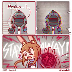  1boy 1other 2girls ambiguous_gender amiya_(arknights) animal_ears arknights arknights:_endfield ascot binary black_coat black_jacket blindfold_mask coat doctor_(arknights) endfield_uniform endministrator_(arknights) female_endministrator_(arknights) frilled_ascot frills highres hood hood_up hooded_coat hooded_jacket jacket mask multiple_girls portal_(object) purple_ascot rabbit_ears rabbit_girl stargate_(series) wittle_red 