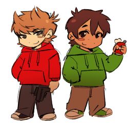  2boys alternate_skin_color animification antenna_hair black_pants black_shoes blush_stickers brown_eyes brown_hair brown_pants can chibi chibi_only cola commentary dark-skinned_male dark_skin drawstring drink_can edd_(eddsworld) eddsworld english_commentary facial_hair fewer_digits flat_color flipped_hair full_body goatee_stubble green_hoodie green_shoes grey_eyes gun hair_behind_ear hair_between_eyes hair_ears hand_in_pocket hand_up highres holding holding_can holding_gun holding_weapon hood hood_down hoodie long_sleeves looking_at_viewer male_focus multiple_boys pants red_hoodie rincloudd shoes short_hair simple_background single_blush_sticker smile sneakers stubble tan tord_(eddsworld) weapon white_background 