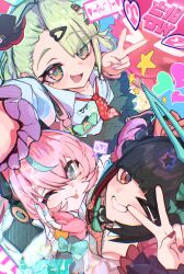  >_o 3girls absurdres angels_of_delusion aqua_hair aqua_streaks aria_(zenless_zone_zero) arm_warmers black_hair black_skirt blue_eyes blue_nails blush bow collarbone colored_inner_hair commentary_request fingerless_gloves from_above fur-trimmed_skirt fur_trim gloves green_bow green_eyes green_hair grin hair_between_eyes hair_bow hair_ornament heart heart_hair_ornament highres looking_at_viewer multicolored_hair multicolored_nails multiple_girls multiple_hair_bows multiple_hair_clips nangong_yu necktie one_eye_closed open_mouth pink_arm_warmers pink_gloves pink_hair pink_nails red_eyes red_nails red_necktie shirt short_twintails skirt smile star-shaped_pupils star_(symbol) streaked_hair sunna_(zenless_zone_zero) symbol-shaped_pupils tongue tongue_out twintails v v_over_eye white_shirt yama_kabosu zenless_zone_zero 