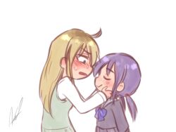  2girls ahoge aosora_(mizore) black_serafuku black_shirt black_skirt blonde_hair blue_bow blue_bowtie blue_eyes blush bow bowtie breasts closed_eyes closed_mouth commentary_request empty_eyes from_side green_sweater_vest hair_between_eyes hands_on_another's_face hands_up hayano_yuuki long_hair long_sleeves low_twintails medium_breasts multiple_girls nervous open_mouth original pleated_skirt purple_hair sailor_collar school_uniform serafuku shirt shy sidelocks signature simple_background skirt smile sweat sweater_vest twintails upper_body white_background white_shirt wide-eyed yazaki_shiori yuri 
