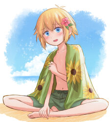  1boy alternate_costume antenna_hair basil_(faraway)_(omori) basil_(omori) blonde_hair blue_eyes blue_sky blush clouds collarbone commentary_request floral_print flower green_swim_trunks hair_flower hair_ornament highres indian_style looking_at_viewer male_focus male_swimwear navel omori open_mouth pink_flower revision segue5o short_hair sitting sky smile solo sunflower_print swim_trunks topless_male towel towel_around_neck wet wet_hair 