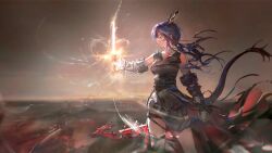  1girl arknights arm_at_side artist_request bare_shoulders blue_hair ch'en_(arknights) ch'en_the_dawnstreak_(arknights) closed_eyes closed_mouth cowboy_shot detached_sleeves dragon_tail eastern_dragon_tail energy_weapon facing_to_the_side floating_clothes floating_hair game_cg glowing glowing_weapon hand_up highres holding holding_weapon horns official_art profile sheath shorts sidelighting solo tail third-party_source weapon 