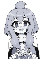  1girl ahoge animated animated_gif blinking chumu_(teuthidan) cleavage_cutout clothing_cutout commentary commission commissioner_upload english_commentary looking_at_viewer monochrome original paint_splatter paint_splatter_on_face pixel_art short_hair squid_girl sweatdrop tentacle_hair trembling wannabepyx 