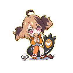  1girl :3 ahoge artist_name bandaid bandaid_on_knee bandaid_on_leg black_shorts blush_stickers bone brown_hair cartoon_bone chibi chocolate_chip_cookie commentary cookie crumbs english_commentary food gigi_murin gigi_murin_(1st_costume) highres holding holding_ice_cream_cone hololive hololive_english hood hoodie ice_cream ice_cream_cone long_sleeves looking_at_viewer orange_hoodie orange_thighhighs paw_shoes pink_eyes puffy_long_sleeves puffy_sleeves shirt short_twintails shorts simple_background single_thighhigh sitting_on_own_tail solo tail thigh-highs twintails virtual_youtuber white_background white_shirt yenkoes 