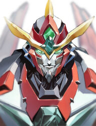  1boy absurdres armor bravern commentary_request forehead_jewel gem glowing glowing_eyes green_eyes green_gem highres looking_at_viewer male_focus markka_ph mecha mecha_focus multicolored_armor portrait red_armor robot robot_boy solo super_robot white_armor yuuki_bakuhatsu_bang_bravern 