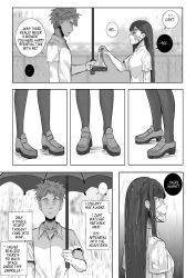  ... absurdres bag bandaid bandaid_on_cheek bandaid_on_face black_pantyhose box box_of_chocolates closed_mouth collarbone collared_shirt english_commentary english_text eyepatch faceless faceless_male false_smile frown hh_(hehexd06161704) highres holding holding_bag holding_umbrella looking_at_another looking_at_viewer medical_eyepatch open_mouth original pantyhose rain shirt shoes short_hair short_sleeves smile speech_bubble umbrella wet wet_clothes wet_hair wet_shirt 