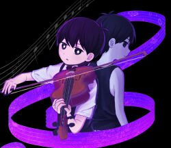  2boys antenna_hair black_sweater_vest black_tank_top bow_(music) bright_pupils closed_mouth collared_shirt colored_skin commentary_request double-parted_bangs dual_persona hair_between_eyes highres holding holding_bow_(music) holding_instrument holding_violin instrument looking_at_viewer male_focus multiple_boys musical_note musical_staff omori omori_(omori) segue5o shirt short_hair short_sleeves sunny_(omori) sweater_vest tank_top violin white_pupils white_shirt white_skin 