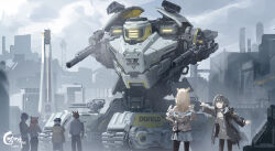  3boys 3girls andre_(arknights) animal_ears arknights arknights:_endfield automaton_(helldivers) bird_ears bird_girl black_coat black_hair black_jacket black_pantyhose blonde_hair blue_hair brown_hair building cannon caterpillar_tracks chigalidepoi coat commentary_request dress endfield_industries_logo endfield_uniform endministrator_(arknights) female_endministrator_(arknights) happy helldivers_(series) highres jacket long_hair long_sleeves mecha multiple_boys multiple_girls off_shoulder open_clothes open_jacket pantyhose parody perlica_(arknights) pink_hair pointing power_lines robot short_hair sleeveless smile sweater vox_engine_(helldivers) white_jacket 