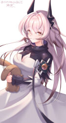  1girl absurdres arknights black_dress black_horns chinese_commentary closed_mouth commentary_request dengmingxuan~chacha dress hair_between_eyes hair_intakes highres holding holding_stuffed_toy horns long_hair long_sleeves looking_at_viewer mixed-language_commentary multicolored_eyes orange_eyes partial_commentary pink_hair simple_background smile solo stuffed_animal stuffed_toy theresa_(arknights) turtleneck turtleneck_dress twitter_username two-tone_eyes white_background white_dress yellow_eyes 