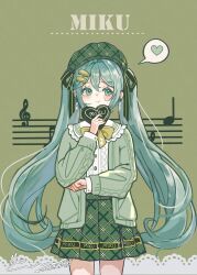  :t arm_on_own_stomach artist_name bow bowtie buttons candy chinese_commentary chocolate clenched_hand collar colored_eyelashes commentary_request cowboy_shot dated earrings eating english_text fingernails floating_hair food frilled_collar frilled_sailor_collar frilled_shirt frills green_background green_bow green_eyes green_hair green_hat green_nails green_skirt green_sweater grey_hair hair_between_eyes hair_ornament hairclip hairpin hand_up hat hatsune_miku heart heart-shaped_chocolate heart-shaped_food highres holding holding_chocolate holding_food jewelry looking_to_the_side memory_mie musical_note musical_note_background musical_staff nail_polish plaid_clothes plaid_hat plaid_skirt sailor_collar shirt signature skirt speech_bubble spoken_heart standing sweater twintails vocaloid white_shirt 