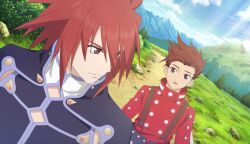  2boys artist_request blue_sky brown_eyes brown_hair cape closed_mouth clouds collar collared_cape day dirt dirt_road father_and_son game_cg grass highres kratos_aurion lloyd_irving looking_at_another looking_back medium_hair mountain multiple_boys official_art open_mouth outdoors parent_and_child plant purple_cape purple_trim red_collar red_hair red_shirt road rock shirt short_hair sky smile spiky_hair suspenders tales_of_(series) tales_of_crestoria tales_of_symphonia third-party_source upper_body white_collar 