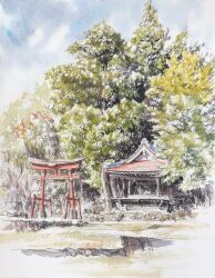  absurdres blue_sky clouds day forest highres nature no_humans original scenery shadow shrine sketch sky sunlight tanamachi_yoshihiro torii tree 