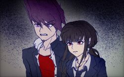  1boy 1girl black_background black_hair black_jacket black_necktie clenched_teeth collared_shirt danganronpa_(series) danganronpa_v3:_killing_harmony facial_hair goatee grey_background harukawa_maki jacket long_hair mole mole_under_eye momota_kaito necktie pink_eyes red_eyes shirt spiky_hair teeth white_shirt yuni_miolk 