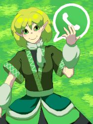  1girl arm_up arm_warmers blush closed_mouth cowboy_shot english_commentary green_background green_eyes green_theme highres looking_at_viewer mizuhashi_parsee pixel_art pointy_ears scarf shirt short_hair short_sleeves skirt smile solo straight-on subterranean_animism touhou vexkaf whatsapp zun_pose 