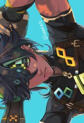  1boy absurdres alternate_skin_color arms_behind_head arms_up black_hair blue_background closed_mouth commentary dark-skinned_male dark_skin earrings english_commentary eyelashes genshin_impact green_eyes green_headband hair_between_eyes headband highres jewelry kinich_(genshin_impact) lips looking_at_viewer male_focus mole mole_under_eye naya_(onaxart) nose short_hair sideways simple_background solo spiked_ear_piercing twitter_username upper_body 