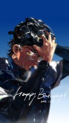  1boy ace_of_diamond baseball_helmet baseball_jersey baseball_uniform black_hair blue_background catcher's_mask chest_protector commentary_request dated goggles happy_birthday helmet highres jersey layered_sleeves long_sleeves male_focus miyuki_kazuya nian_rt short_hair short_over_long_sleeves short_sleeves sportswear sweat two-tone_background upper_body white_background yellow_eyes 