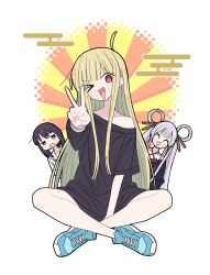  >_o 3girls ahoge black_shirt blonde_hair blue_shoes bright_pupils brown_eyes cho_kaguya-hime! colored_inner_hair commentary crossed_ankles full_body grey_hair hair_rings highres kaguya_(cho_kaguya-hime!) long_hair looking_at_viewer multicolored_hair multiple_girls no_socks one_eye_closed open_mouth peeking_out pink_hair purple_hair revision runami_yachiyo sabi1234 sakayori_iroha shirt shoes short_hair single_off_shoulder sitting smile sneakers solo_focus t-shirt twintails v white_pupils 