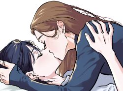  2girls black_hair black_shirt brown_hair closed_eyes commentary doil482 earrings highres jewelry kiss long_sleeves multiple_girls original shirt untranslatable_commentary white_shirt yuri 