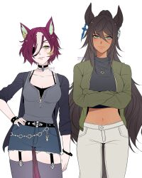  2girls absurdres animal_ear_piercing animal_ears aqua_eyes black_jacket brown_hair commentary crop_top crossed_arms dark-skinned_female dark_skin denim denim_shorts earrings eyepatch green_jacket hand_on_own_hip highres horse_ears horse_girl jacket jewelry long_hair midriff mochiwasabii multicolored_hair multiple_girls navel ponytail purple_hair short_hair shorts simple_background streaked_hair symboli_kris_s_(casual)_(umamusume) symboli_kris_s_(umamusume) tanino_gimlet_(casual)_(umamusume) tanino_gimlet_(umamusume) umamusume white_background yellow_eyes 