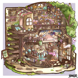  1girl animal barrel bird black_socks blue_skirt book bookshelf border bottle brown_hair cat cauldron chair chigu commentary_request commission crescent dairoku_ryouhei doll fire floorplan flower glasses globe hat hourglass jar mask medium_hair mortar_(bowl) multicolored_hat outside_border pestle plant potion potted_plant quill red_hat red_shirt rock scroll shirt sign sitting skirt skull skull_and_crossbones slippers smile socks speech_bubble statue stirring stool straw_doll stuffed_animal stuffed_toy table thought_bubble treasure_chest tree white_hat 