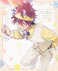 1boy amagi_rinne artist_name balloon blue_eyes border bow bowtie brown_border buttons collared_shirt crossed_bangs earrings easter easter_egg egg ensemble_stars! grin hair_between_eyes hand_in_pocket headband holding holding_balloon houndstooth jewelry leaning_forward leg_up long_sleeves looking_at_viewer lunapont male_focus one_eye_closed outside_border pants purple_bow purple_bowtie red_hair shirt shoes short_hair smile solo striped_clothes striped_shirt teeth two-tone_bow two-tone_bowtie v-shaped_eyebrows vertical-striped_clothes vertical-striped_shirt vest watermark white_background white_bow white_bowtie white_pants white_shoes white_vest wing_collar yellow_headband yellow_shirt 