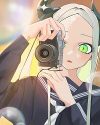  1girl alternate_costume asymmetrical_horns black_horns black_serafuku blurry blurry_background bubble camera goddess_of_victory:_nikke green_eyes grey_hair highres holding holding_camera horns ineedpuppy leviathan_(nikke) open_mouth sailor_collar school_uniform serafuku sidelocks solo upper_body 