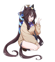  1girl absurdres animal_ears astra_chichi beret black_socks blue_bow blue_eyes blue_nails blue_ribbon blush bow breasts brown_cardigan brown_hair cardigan collared_shirt commentary_request ear_covers hair_between_eyes hat highres horse_ears horse_girl horse_tail long_hair looking_at_viewer mole mole_under_eye multicolored_hair one_eye_closed open_mouth ribbon shirt shoes simple_background single_ear_cover smile socks solo squatting streaked_hair tail twintails umamusume v vivlos_(umamusume) white_background white_hat white_shirt 