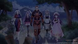  1boy 4girls absurdres animal_ears apron armor beard black_boots black_thighhighs blue_eyes book boots bow braid breasts brown_hair brown_shoes clouds commission copyright_logo copyright_name copyright_notice crescent crescent_hat_ornament cross crossover crowbar dress facial_hair glasses gloves gordon_freeman green_eyes grey_hair hair_bow half-life_(series) hat hat_ornament hev_suit highres holding holding_book holding_crowbar izayoi_sakuya lambda_symbol logo long_hair long_sleeves looking_at_viewer maid maid_headdress mnhproduction mob_cap multiple_girls necktie night nurse_cap orange_armor outdoors patchouli_knowledge pink_shoes power_armor purple_hair rabbit_ears red_cross red_necktie reisen_udongein_inaba ribbon second-party_source shirt shoes short_hair skirt sky smile thigh-highs touhou tree very_long_hair violet_eyes yagokoro_eirin 