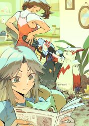  2girls alternate_color anger_vein ariekochan berry_(pokemon) blue_shirt breasts broken_flower_pot brown_eyes brown_hair bulbasaur claws closed_mouth colored_sclera deoxys deoxys_(normal) dirt fangs flip-flops highres holding holding_shoes holding_unworn_clothes indoors leaf_(pokemon) long_hair mawile may_(pokemon) medium_breasts multiple_girls newspaper oran_berry orange_tank_top picture_frame plant pointing pointing_at_another pokemon pokemon_(creature) pokemon_frlg pokemon_rse pokemon_tower_ghost potted_plant ralts rayquaza red_eyes red_sclera sandals seviper shiny_pokemon shirt shoes short_sleeves snake sweat tank_top unworn_shoes zangoose 