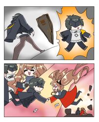  1boy 2girls absurdres angelina_(arknights) animal_ear_fluff animal_ears arknights arknights:_endfield black_hair black_jacket black_pants black_pantyhose black_shorts brown_hair commentary dankashu endministrator_(arknights) english_commentary eye_mask female_endministrator_(arknights) fox_ears fox_girl genderswap genderswap_(ftm) gilberta_(arknights) heart heart-shaped_eyes highres jacket long_hair male_endministrator_(arknights) mask multiple_girls open_mouth pants pantyhose red_jacket short_hair shorts sweater twintails white_sweater 