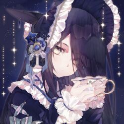  1girl alternate_costume black_hair bonnet cup expressionless eyes_visible_through_hair frilled_bonnet frills hair_over_one_eye hashtag-only_commentary highres holding holding_cup horse_girl long_bangs long_hair looking_at_viewer manhattan_cafe_(umamusume) solo sparkle star_(sky) teacup umamusume umirukode upper_body white_wrist_cuffs wrist_cuffs yellow_eyes 